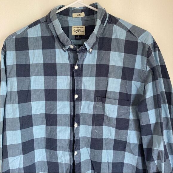 J. Crew Men’s plaid button down 100% cotton long sleeve blue shirt - large slim! - Picture 2 of 8